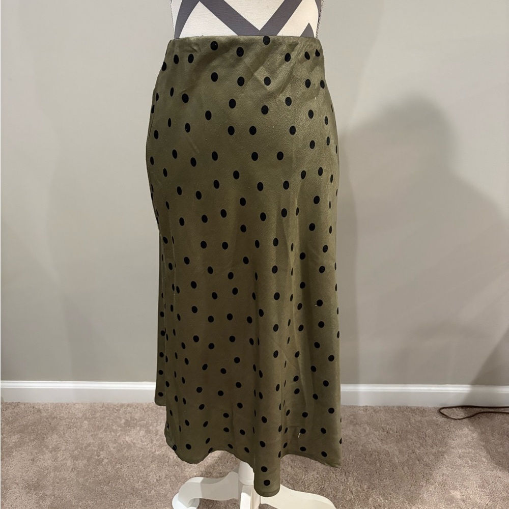 Alya Olive Green Midi Skirt with Black Polka Dots